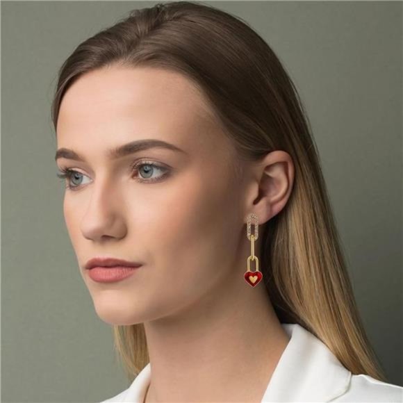 Gold Linked Red Heart Dangle Earrings for Women Girls - Picture 3 of 7